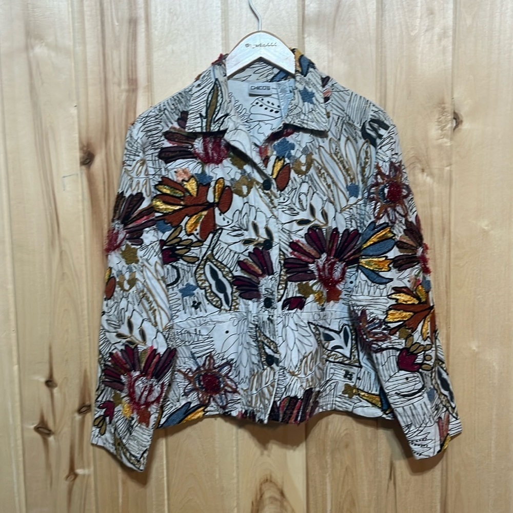 Chico's Women’s Garden Bloom Roadster Denim Floral Jacket US Size 8